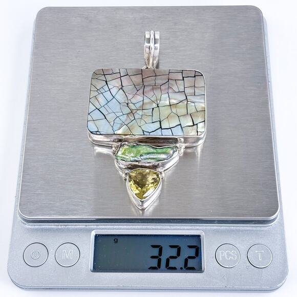 Vintage Sterling Silver 925 8cm Fractured Design Abalone Pearl Peridot Pendant - Picture 7 of 8